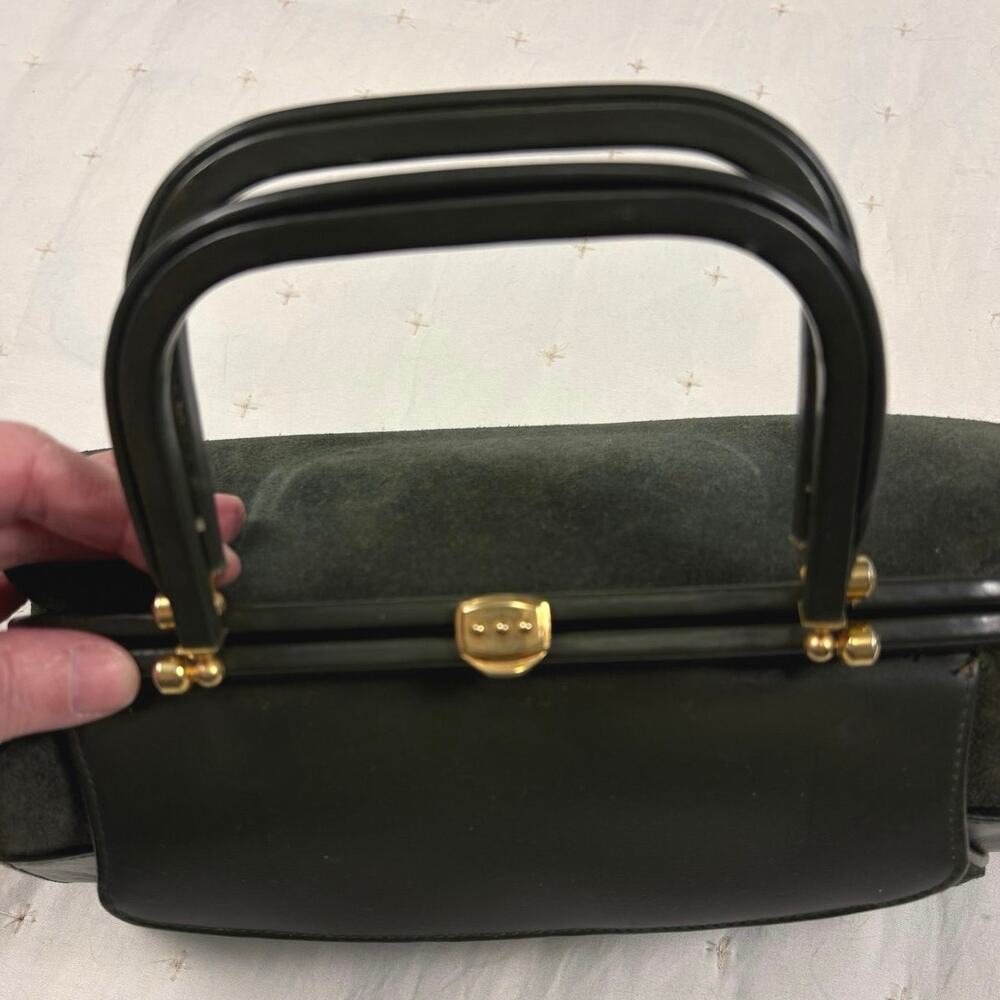 Vintage Suede Doctors Bag Top Handle Satchel Olive Green Gold Hardware - Picture 5 of 12
